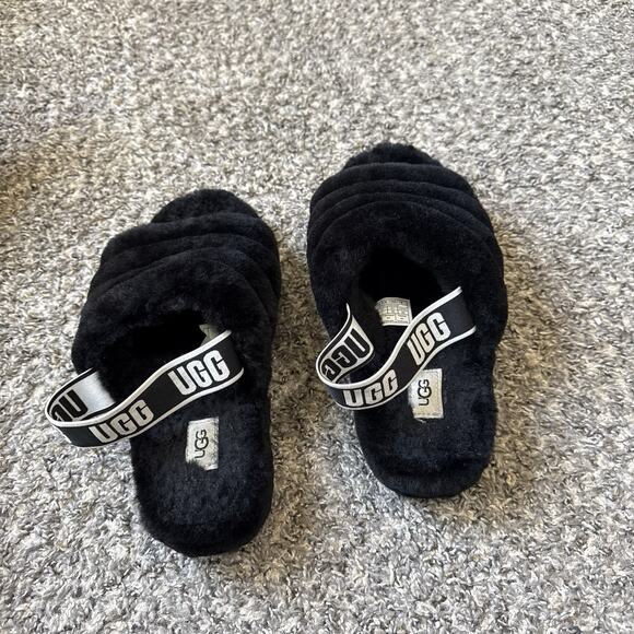 UGG Fluff Yeah Womens Size 9 Black Casual Sheepskin Platform Slide Slippers EUC - Picture 4 of 6